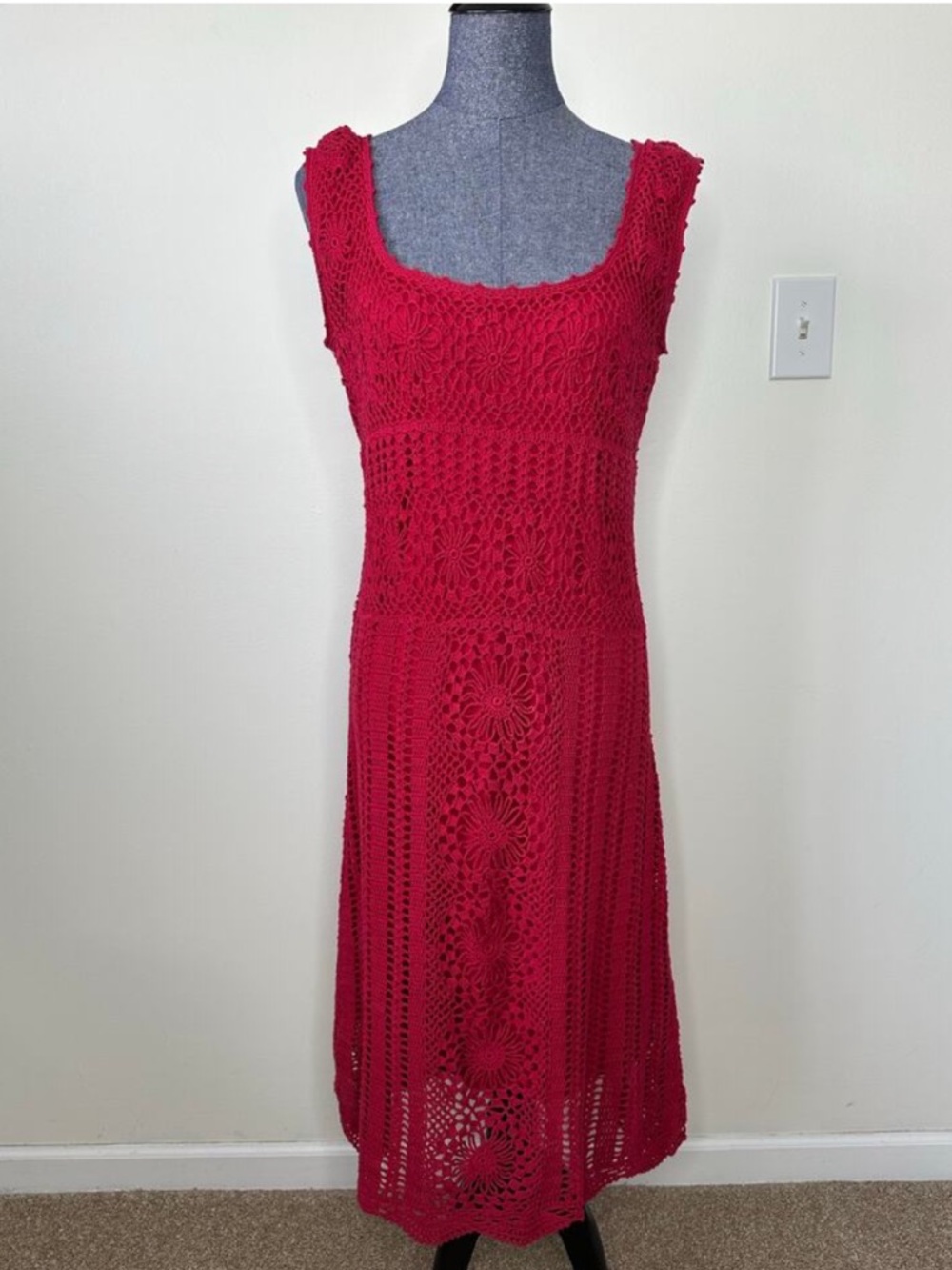Red Crochet Fitted Midi Dress